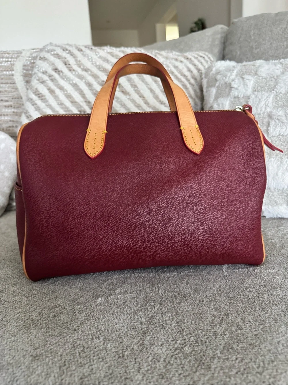 Dooney & Bourke Olivia Wine Leather Satchel with Tan Handles - Picture 4 of 13